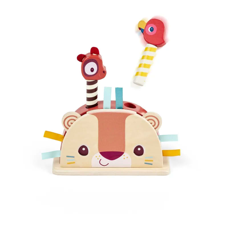 Gioco di abilità pop-up per neonati con animali in legno: i bastoncini, quando premuti, saltano, inoltre si possono muovere gli occhi del leone tirandogli le orecchie - perfetto per i neonati dai 12 mesi in su!